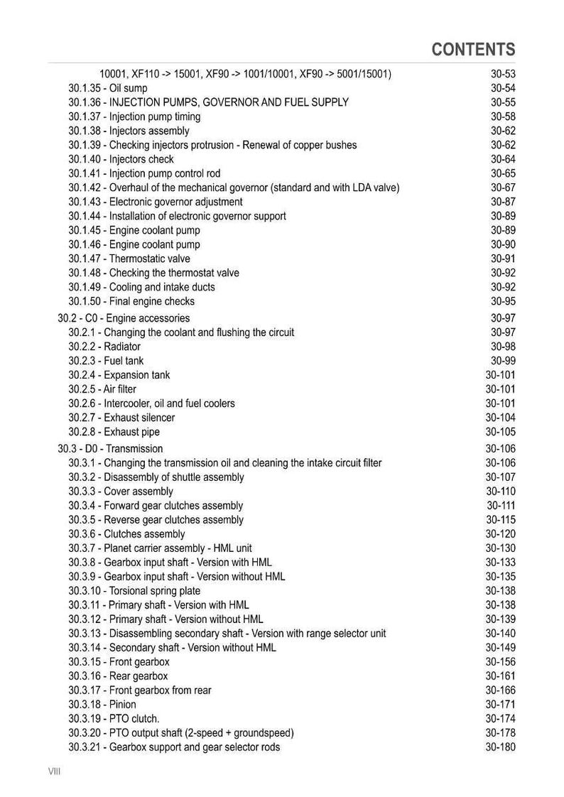 May include: A detailed table of contents from a manual, listing various engine and transmission components. Includes sections on injection pumps, cooling systems, and gearboxes. The page numbers are listed on the right.
