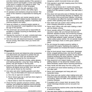 May include: A safety manual page with text about operating machinery safely. Includes warnings about carbon monoxide, hillsides, and cutting units. Also includes preparation steps and operator training requirements.