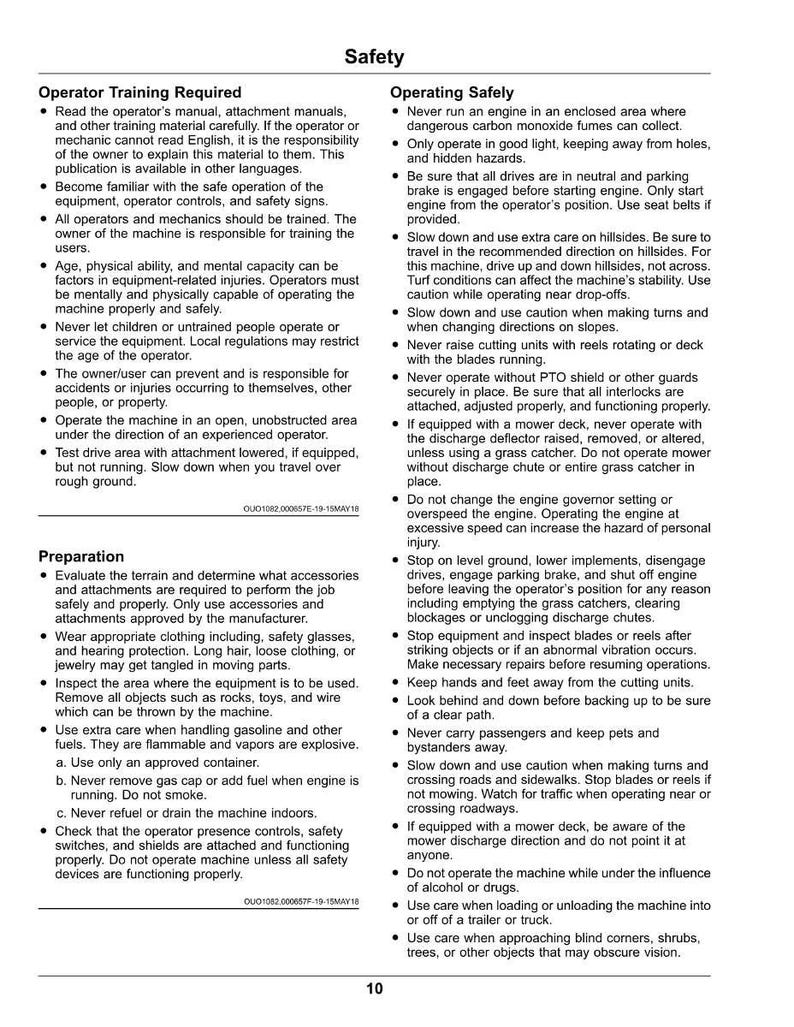 May include: A safety manual page with text about operating machinery safely. Includes warnings about carbon monoxide, hillsides, and cutting units. Also includes preparation steps and operator training requirements.