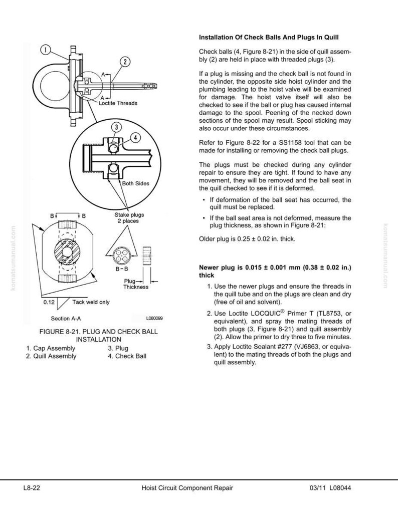 Op de afbeelding: Technisch diagram van een quill-assemblage met controlekogels en pluggen, met gedetailleerde componentweergaven en metingen in millimeters. Bevat instructies en labels zoals "Loctite Threads" en "Tack weld only."