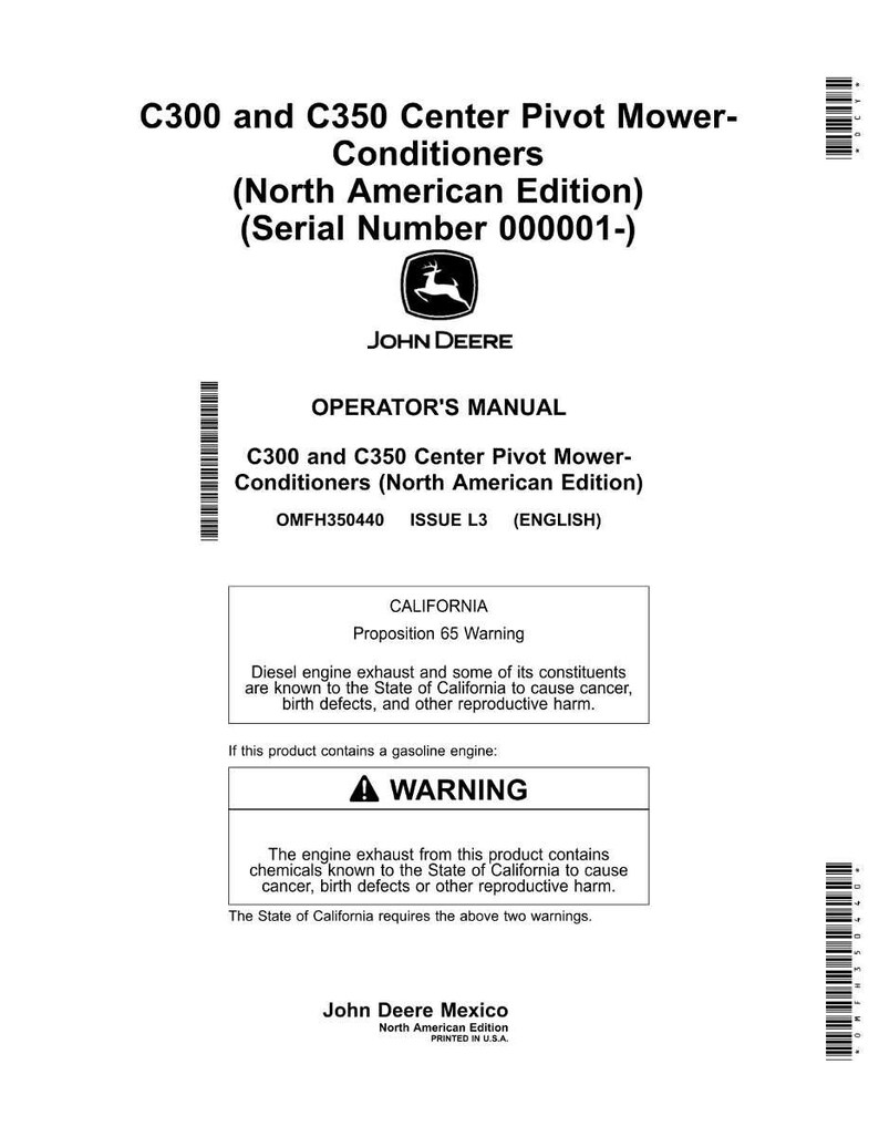 May include: A white Operator's Manual for C300 and C350 Center Pivot Mower-Conditioners, North American Edition, with a John Deere logo. Includes a California Proposition 65 warning about diesel engine exhaust and gasoline engine warnings.