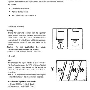 May include: A page from a manual with diagrams and text about engine maintenance. It includes instructions on checking oil levels, draining the fuel-water separator, and general maintenance tips. The page has diagrams and text in English.