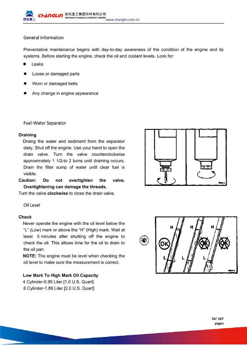 May include: A page from a manual with diagrams and text about engine maintenance. It includes instructions on checking oil levels, draining the fuel-water separator, and general maintenance tips. The page has diagrams and text in English.