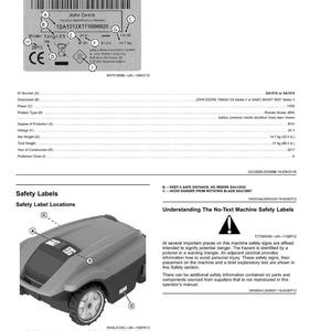 May include: A page from a John Deere robotic lawn mower manual, featuring safety labels and diagrams. The mower is grey and black with a wheel. The manual includes safety warnings and technical specifications. Measurements are in kg and cm.
