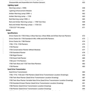 May include: A page from a manual with a list of agricultural equipment repair and maintenance procedures. The text includes sections on lighting repair, drives, seed drive transmission, and clutch, with corresponding page numbers.