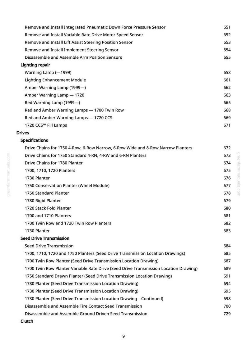 May include: A page from a manual with a list of agricultural equipment repair and maintenance procedures. The text includes sections on lighting repair, drives, seed drive transmission, and clutch, with corresponding page numbers.