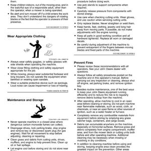 Puede incluir: P&aacute;gina de un manual de seguridad con instrucciones para el funcionamiento de maquinaria. Los temas incluyen ropa adecuada, prevenci&oacute;n de incendios y mantenimiento. El texto va acompa&ntilde;ado de ilustraciones y advertencias de seguridad.
