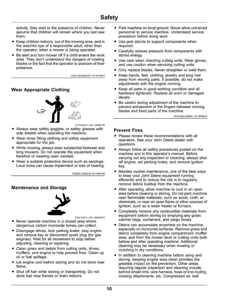 Puede incluir: P&aacute;gina de un manual de seguridad con instrucciones para el funcionamiento de maquinaria. Los temas incluyen ropa adecuada, prevenci&oacute;n de incendios y mantenimiento. El texto va acompa&ntilde;ado de ilustraciones y advertencias de seguridad.