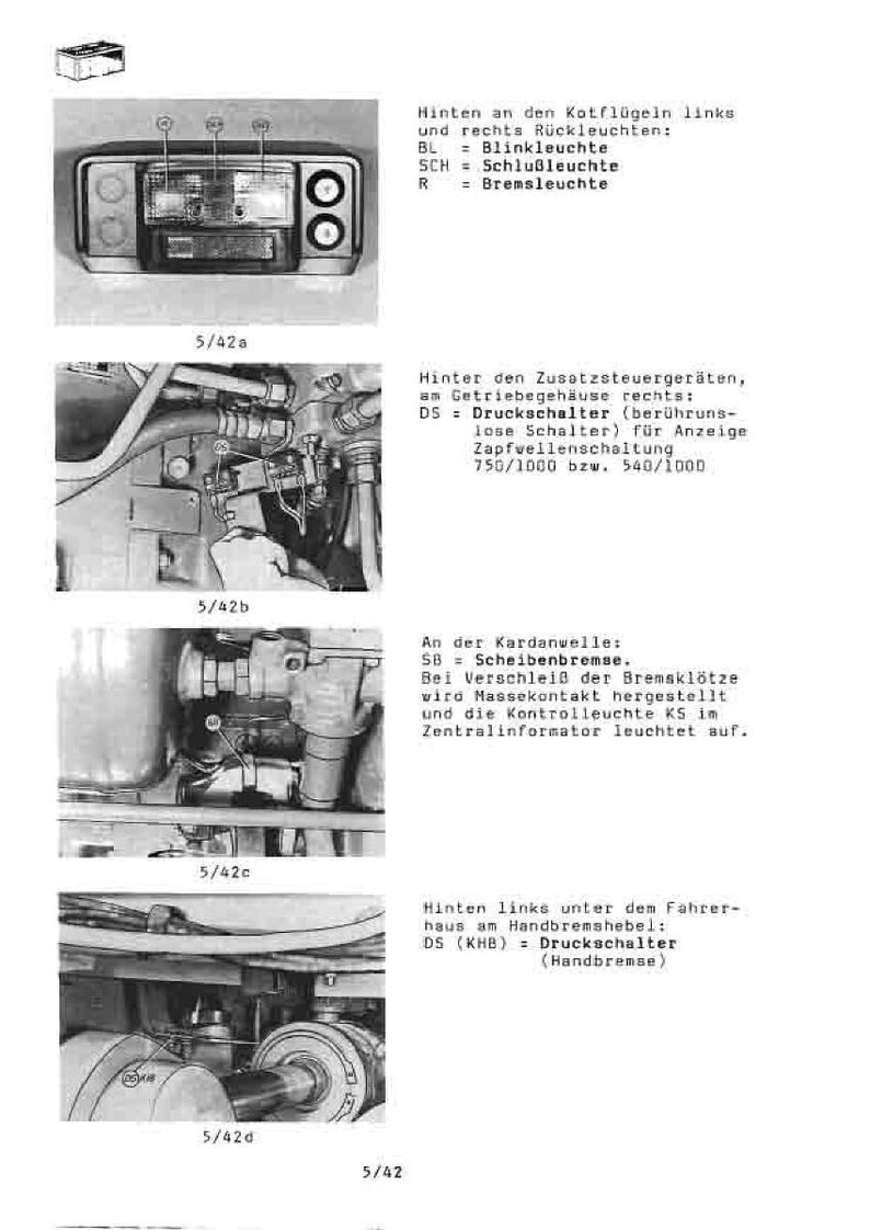May include: Technical diagram with German text, showing various automotive components. Images include a dashboard, engine parts, and other mechanical elements. Text includes terms like "Blinkleuchte" and "Bremsleuchte."