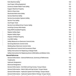 May include: A white printed page from a manual with a list of safety instructions and general references. The text includes topics like "Clean Exhaust Filter Safely" and "Hydraulic Designators."