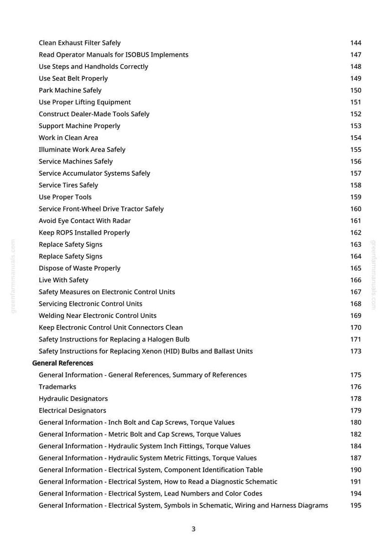 May include: A white printed page from a manual with a list of safety instructions and general references. The text includes topics like "Clean Exhaust Filter Safely" and "Hydraulic Designators."