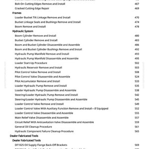 Puede incluir: Una p&aacute;gina de un manual con una lista de procedimientos y herramientas para la reparaci&oacute;n de maquinaria pesada. El texto incluye t&iacute;tulos como "Retirar e instalar el cuchar&oacute;n" y "Sistema hidr&aacute;ulico", junto con los n&uacute;meros de p&aacute;gina.