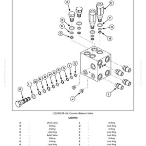 May include: Diagram of a counter-balance valve, labeled with letters and numbers. Includes check valves, O-rings, lock rings, and a relief valve. The diagram is black and white with dotted lines indicating connections.