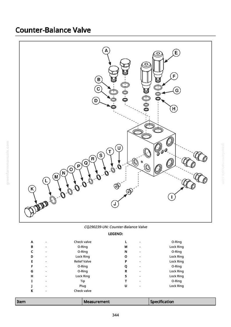May include: Diagram of a counter-balance valve, labeled with letters and numbers. Includes check valves, O-rings, lock rings, and a relief valve. The diagram is black and white with dotted lines indicating connections.