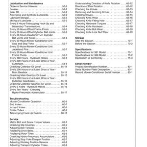 May include: A page from a manual titled "Contents" with a list of maintenance, troubleshooting, and service topics. The page includes a table of contents with page numbers for each topic, such as "Lubrication and Maintenance."