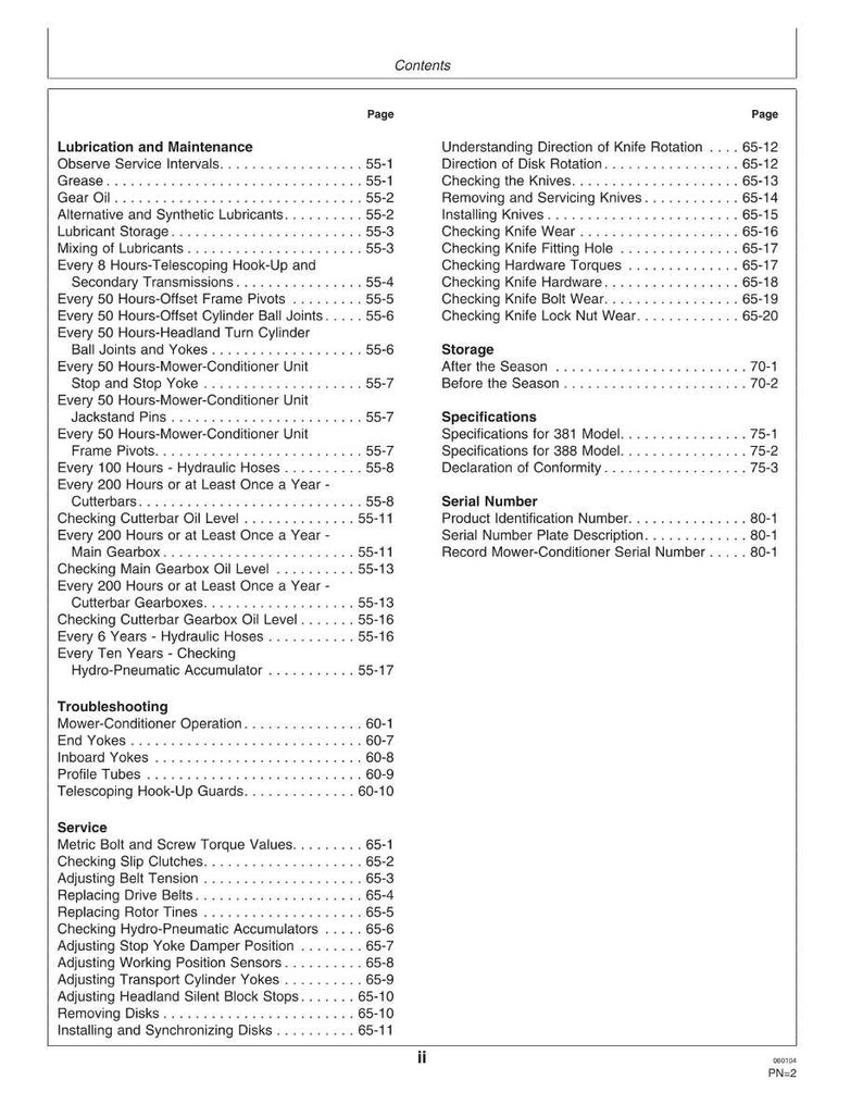 May include: A page from a manual titled "Contents" with a list of maintenance, troubleshooting, and service topics. The page includes a table of contents with page numbers for each topic, such as "Lubrication and Maintenance."