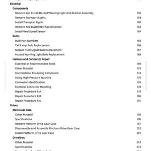 May include: A page from a manual with a table of contents. The text includes sections on electrical components, bulbs, harness repair, drives, and drivelines. Page numbers are listed on the right side of the page.