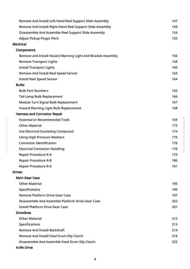May include: A page from a manual with a table of contents. The text includes sections on electrical components, bulbs, harness repair, drives, and drivelines. Page numbers are listed on the right side of the page.