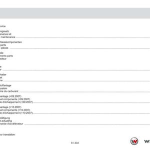 May include: A white and gray document page with a table of contents in German, English, and French. The document is for a Weidemann product, listing service kits, engine attachments, and exhaust components. The page number is 9/234.