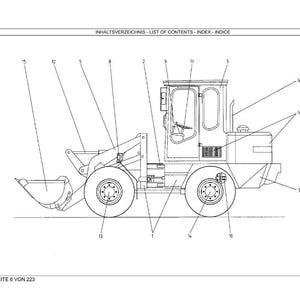May include: Line drawing of a front-end loader with numbered parts. The text at the top reads "INHALTSVERZEICHNIS - LIST OF CONTENTS - INDEX - INDICE". The text at the bottom reads "SEITE 6 VON 223".