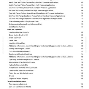 May include: A page from a manual with a list of topics, including "Identifying Zinc-Flake Coated Fasteners," "Diesel Engine Oil," and "Tune-Up and Adjustments." The page number is 3. The text is in black font.