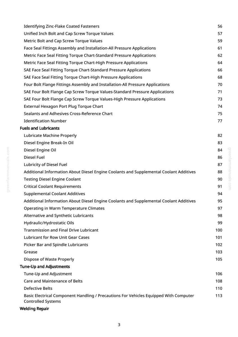 May include: A page from a manual with a list of topics, including "Identifying Zinc-Flake Coated Fasteners," "Diesel Engine Oil," and "Tune-Up and Adjustments." The page number is 3. The text is in black font.