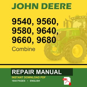 May include: A John Deere repair manual cover featuring a green tractor on a yellow background. The text includes "JOHN DEERE" in green, model numbers, and "REPAIR MANUAL". The PDF icon is visible.