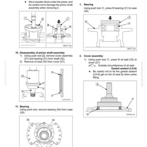 May include: Diagram of swing machinery disassembly and assembly instructions. Includes illustrations of bearings, oil seals, and other components with labels and instructions for removal and installation.
