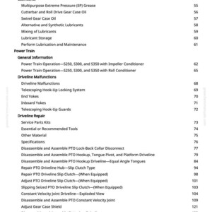 May include: A white page with a table of contents from a manual. The text includes sections on lubricants, power train, driveline malfunctions, and driveline repair. Page numbers are listed on the right.