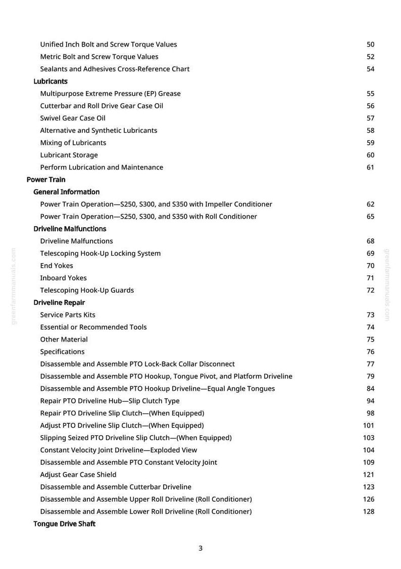 May include: A white page with a table of contents from a manual. The text includes sections on lubricants, power train, driveline malfunctions, and driveline repair. Page numbers are listed on the right.
