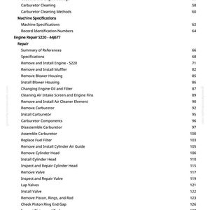 May include: A printed page from a manual with a table of contents. The headings include topics like engine repair, carburetor cleaning, and machine specifications. The page numbers are listed on the right.