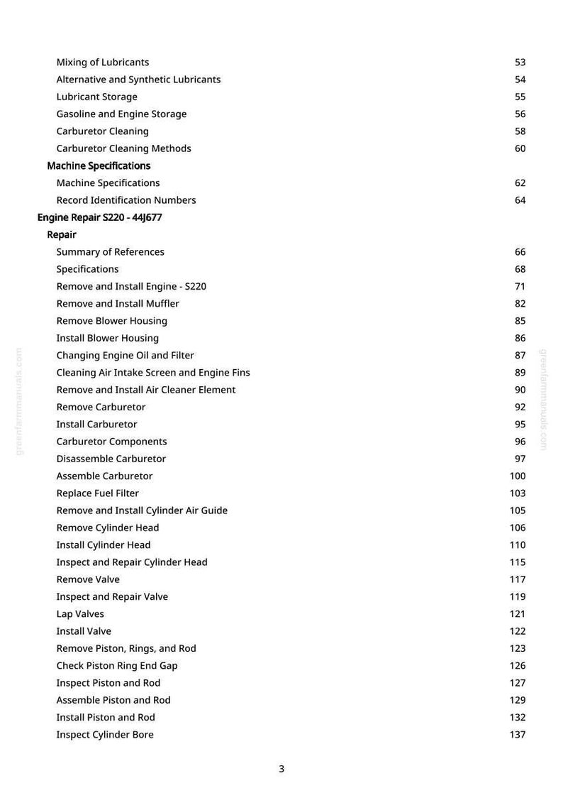 May include: A printed page from a manual with a table of contents. The headings include topics like engine repair, carburetor cleaning, and machine specifications. The page numbers are listed on the right.