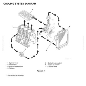 May include: Diagram of an engine cooling system, with labeled components including the cylinder head, thermostat, engine coolant pump, radiator, coolant recovery tank, engine oil cooler, and cylinder block. Arrows indicate the flow of coolant.