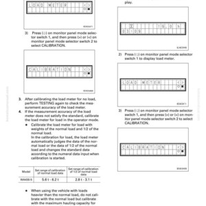 K&ouml;nnte beinhalten: Eine Seite aus einem Handbuch mit Anweisungen zum Testen und Einstellen eines Lastmessers. Das Bild zeigt Diagramme der Messanzeige und Kalibrierungsschritte, einschlie&szlig;lich Text wie "LOAD METER" und "CALIBRATION".