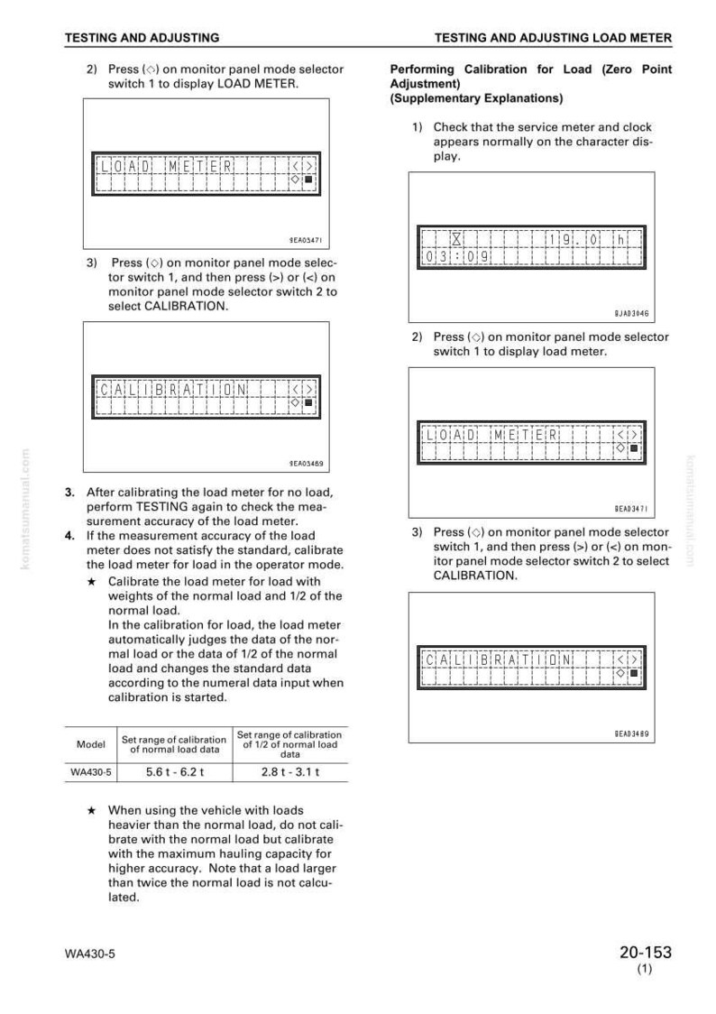 K&ouml;nnte beinhalten: Eine Seite aus einem Handbuch mit Anweisungen zum Testen und Einstellen eines Lastmessers. Das Bild zeigt Diagramme der Messanzeige und Kalibrierungsschritte, einschlie&szlig;lich Text wie "LOAD METER" und "CALIBRATION".
