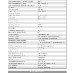 May include: Specifications for a Massey Ferguson Model 5460 tractor, detailing engine type, power output, torque, and dimensions. Measurements are in metric and imperial units, including cm and kg.