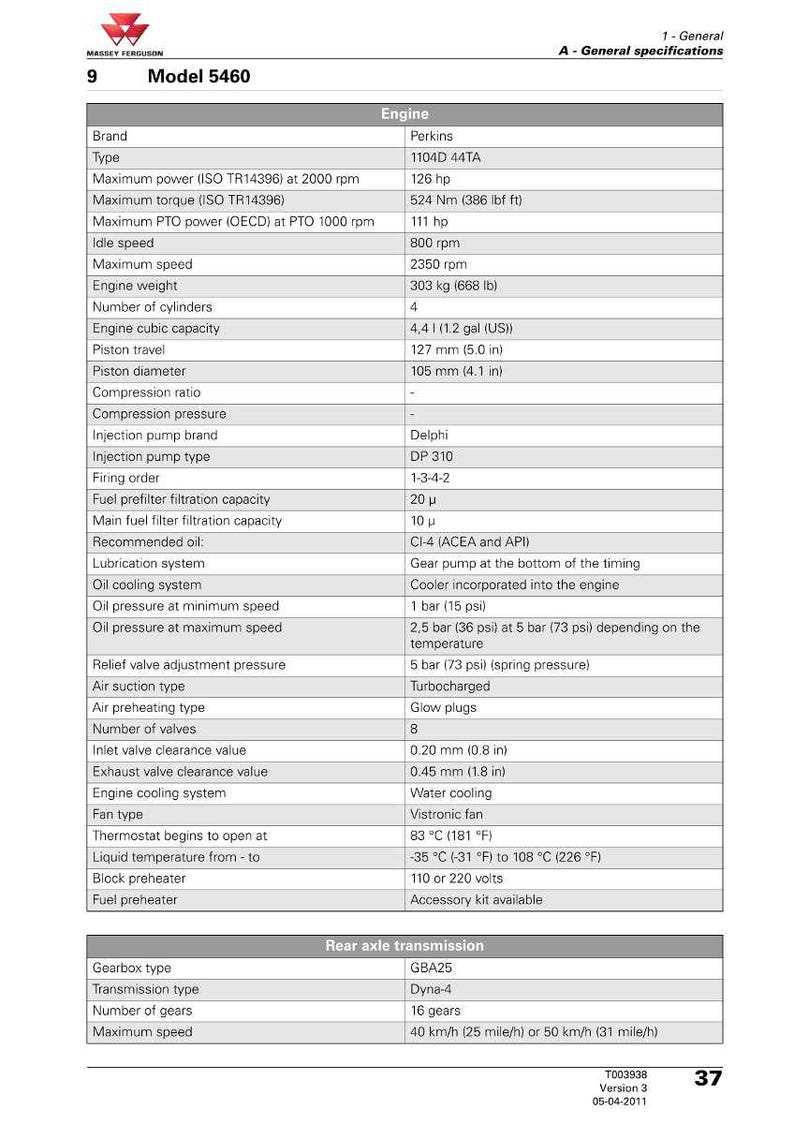 May include: Specifications for a Massey Ferguson Model 5460 tractor, detailing engine type, power output, torque, and dimensions. Measurements are in metric and imperial units, including cm and kg.