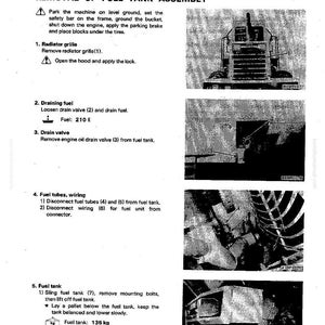 May include: A page from a manual detailing the removal of a fuel tank assembly. The text includes instructions for draining fuel, disconnecting fuel tubes, and removing the tank. The fuel tank weighs 135 kg.