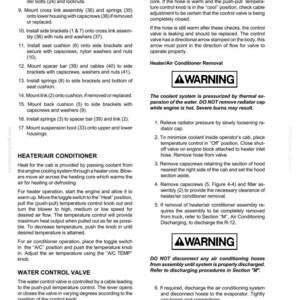 Pu&ograve; includere: Pagina di un manuale dell'operatore con istruzioni per la rimozione del riscaldatore/condizionatore d'aria e il funzionamento della valvola di controllo dell'acqua. Include diagrammi e avvertenze sui sistemi di raffreddamento e sui tubi flessibili dell'aria condizionata. Il testo include la manopola "A/C TEMP" e la posizione "Heat".