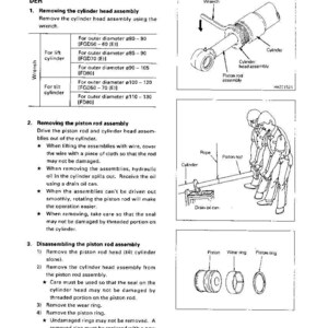 May include: Diagram of hydraulic cylinder disassembly and assembly. Includes illustrations of a wrench, cylinder components, and workers. Text details steps for removing and disassembling parts, with measurements in inches.