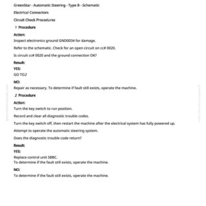 May include: A white document with black text detailing the XMC 002019.09 Steering System Control Unit Fault. The document includes procedures, actions, and results for troubleshooting the CAN bus and automatic steering system.