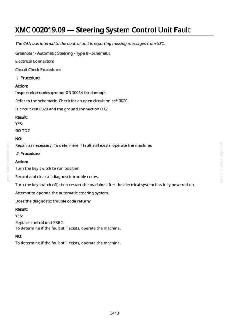May include: A white document with black text detailing the XMC 002019.09 Steering System Control Unit Fault. The document includes procedures, actions, and results for troubleshooting the CAN bus and automatic steering system.