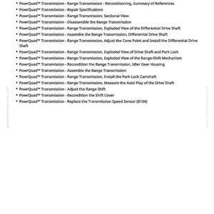 May include: A document titled "PowrQuad Transmission - Range Transmission - Reconditioning, Summary of References." The document lists various topics related to transmission repair and maintenance, including sectional views and exploded views.