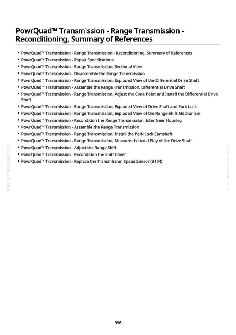 May include: A document titled "PowrQuad Transmission - Range Transmission - Reconditioning, Summary of References." The document lists various topics related to transmission repair and maintenance, including sectional views and exploded views.