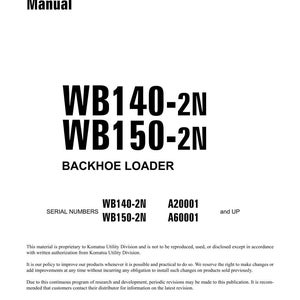Może przedstawiać: Biała instrukcja warsztatowa "WB140-2N WB150-2N BACKHOE LOADER". Okładka zawiera numery seryjne i informacje o prawach autorskich z 2003 roku. Opublikowano w USA, dla maszyn.