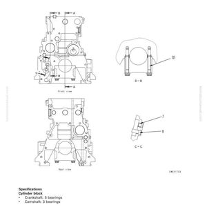 May include: Diagram of an engine body, showing front and rear views, with detailed cross-sections and labels. Specifications include cylinder block, crankshaft, camshaft, and cylinder details. The image is a technical illustration.