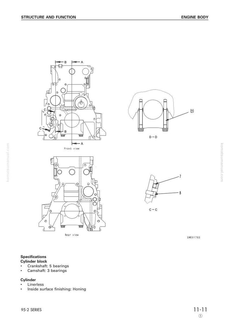 May include: Diagram of an engine body, showing front and rear views, with detailed cross-sections and labels. Specifications include cylinder block, crankshaft, camshaft, and cylinder details. The image is a technical illustration.