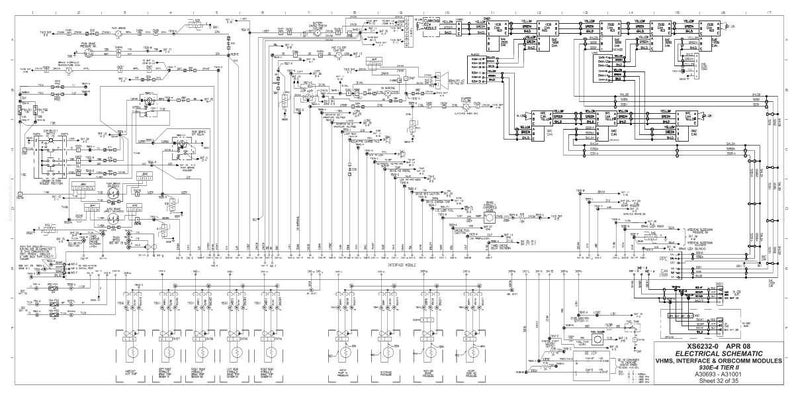 May include: A detailed electrical schematic diagram in black and white, featuring complex wiring and component symbols. The diagram includes text indicating it is for the VHML Interface & ORBCOMM Modules, dated April 06, and sheet 32 of 36.
