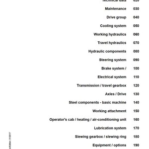 K&ouml;nnte beinhalten: Eine Seite aus einem Liebherr-Servicemanual mit einem Inhaltsverzeichnis mit Abschnittstiteln und Seitenzahlen. Zu den wichtigsten Themen geh&ouml;ren Hydraulik, elektrische Systeme und Wartung.