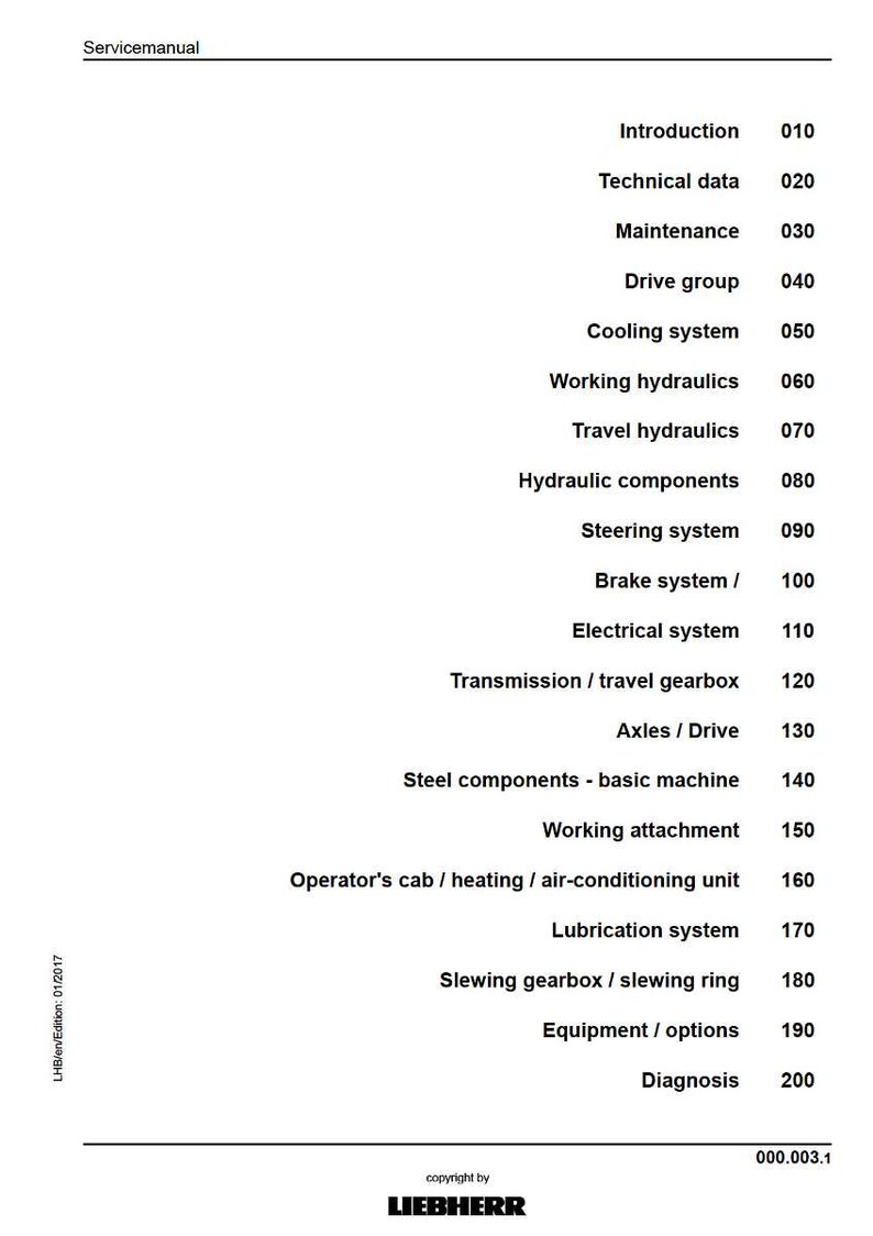 K&ouml;nnte beinhalten: Eine Seite aus einem Liebherr-Servicemanual mit einem Inhaltsverzeichnis mit Abschnittstiteln und Seitenzahlen. Zu den wichtigsten Themen geh&ouml;ren Hydraulik, elektrische Systeme und Wartung.